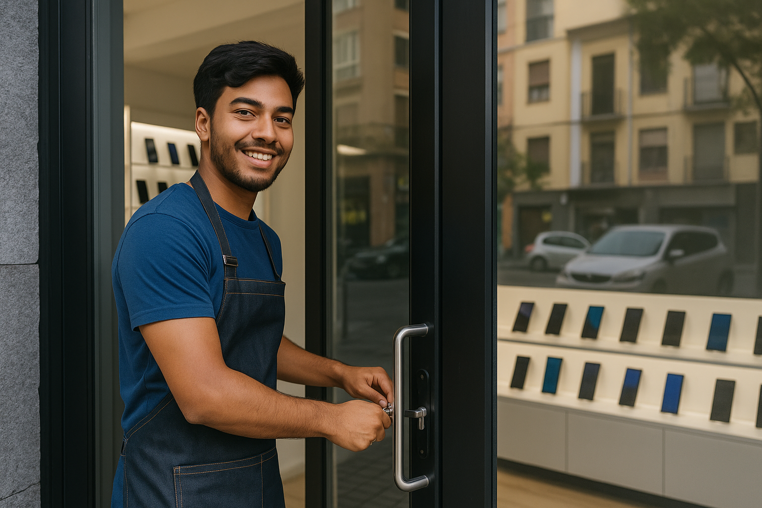 Jovem empreendedor brasileiro em loja de celulares