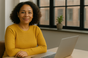 Mulher de 41 anos sorrindo no escritório, representando o tema empreender após os 40 com segurança e propósito.