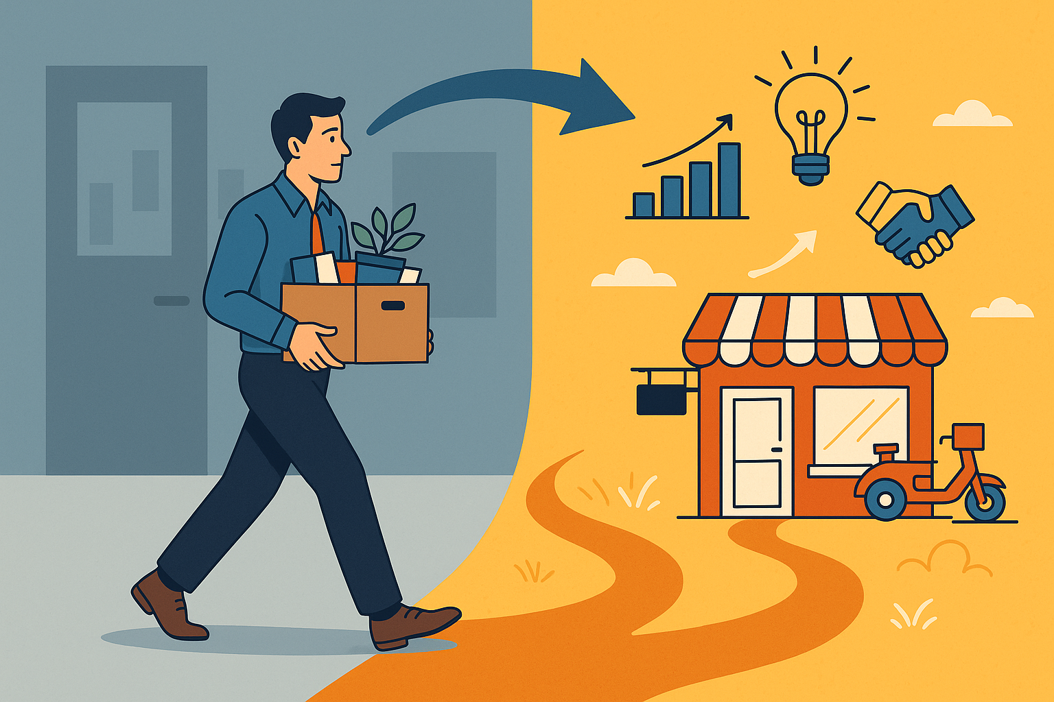 Homem deixando escritório com caixa de pertences e caminhando em direção a um pequeno negócio próprio, simbolizando a transição de carreira e o empreendedorismo após a demissão.